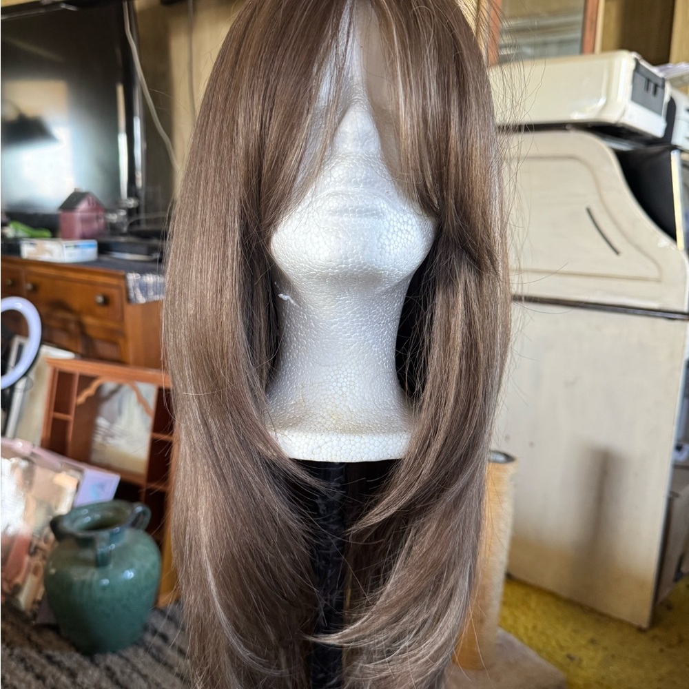 Silky Brown Layered Wig with Side-Swept Bangs